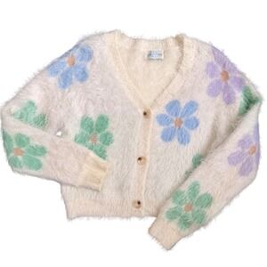 Y2K Pastel Flower Eyelash Knit Cropped Cardigan Fuzzy‎ High-Pile Sweater EUC XS